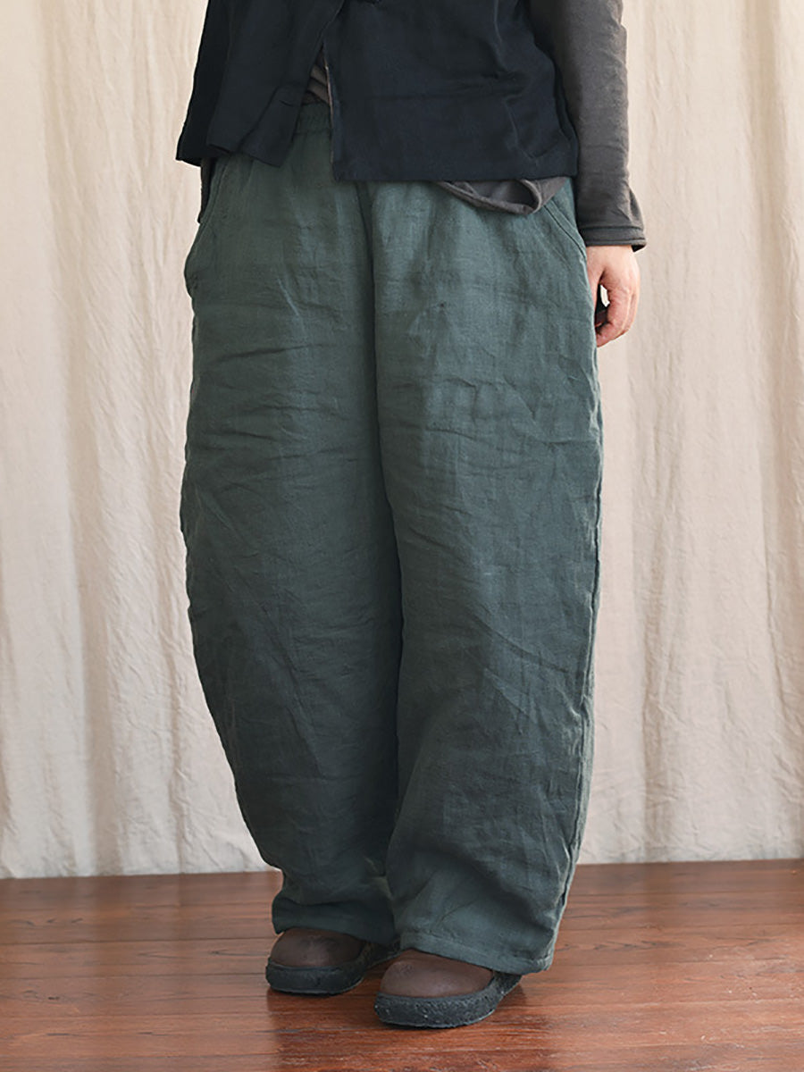 Women Winter Rero Solid Linen Pocket Harem Pants AT1096