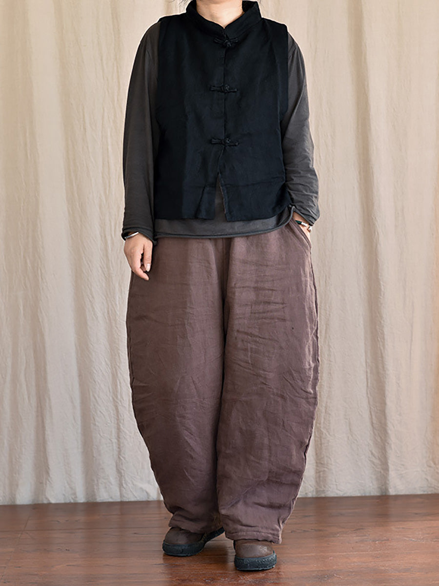 Women Winter Rero Solid Linen Pocket Harem Pants AT1096