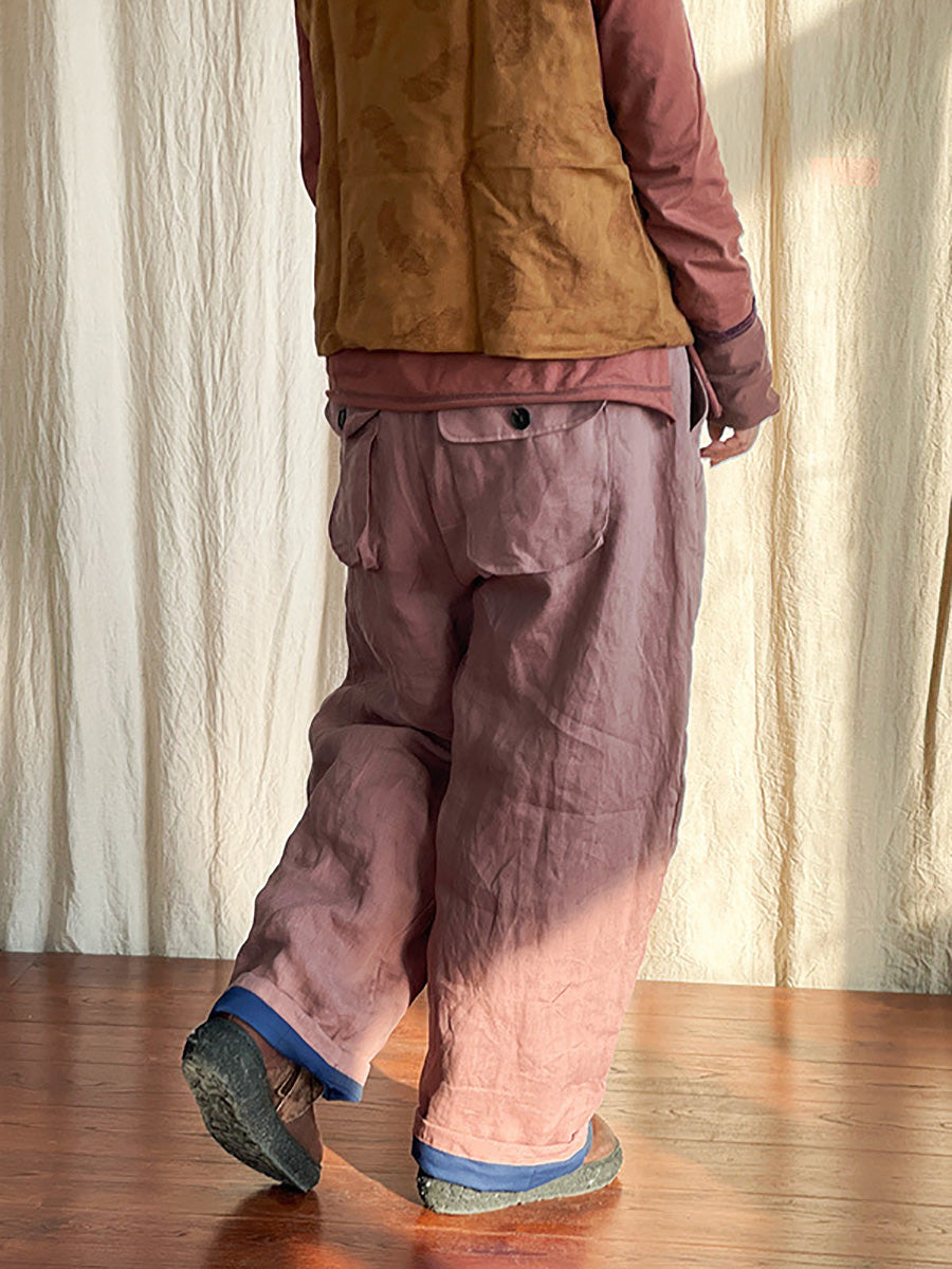 Women Winter Rero Solid Linen Pocket Harem Pants AT1096