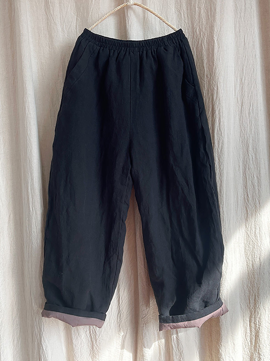 Women Winter Rero Solid Linen Pocket Harem Pants AT1096