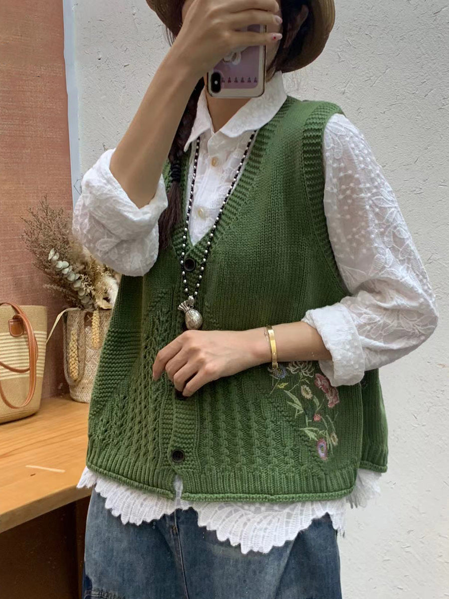 Women Autumn Artsy Flower Embroidery Knit V-Neck Vest AI1073