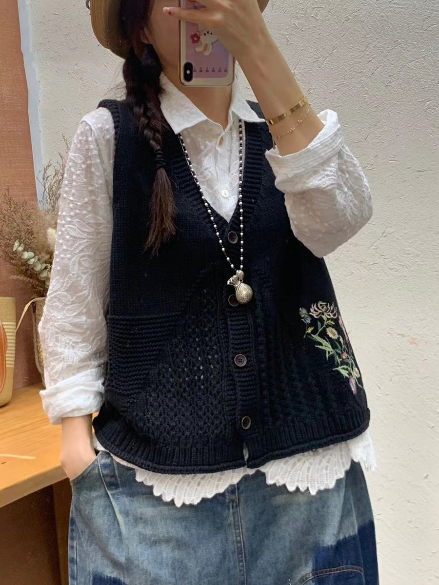 Women Autumn Artsy Flower Embroidery Knit V-Neck Vest AI1073