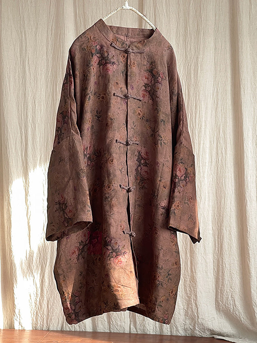 Women Vintage Floral Button Stand Collar Linen Shirt Coat AT1087