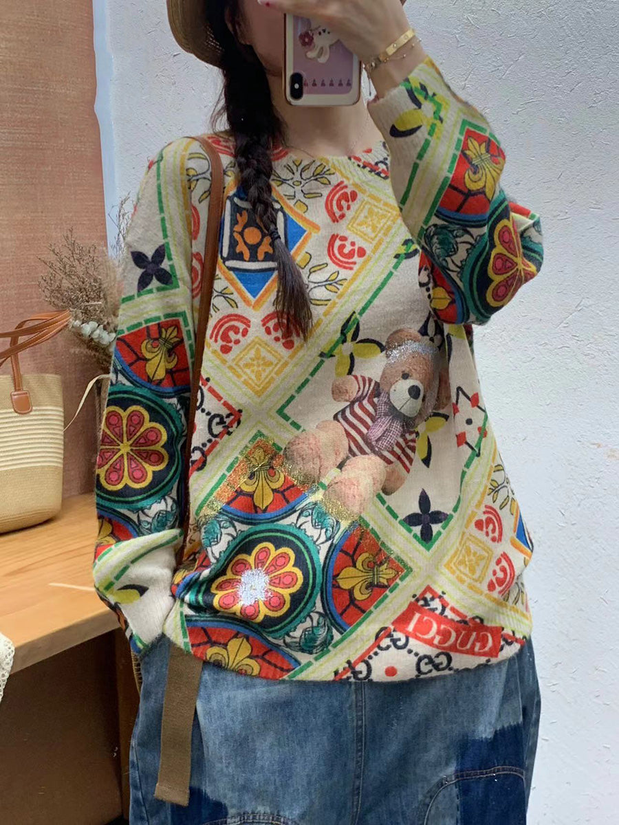 Women Autumn Print O-Neck Knit Sweater AT1083