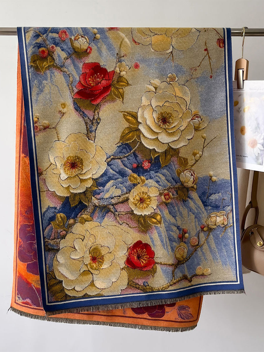 Écharpe châle en cachemire à pompon et fleurs vintage pour femme AT1092