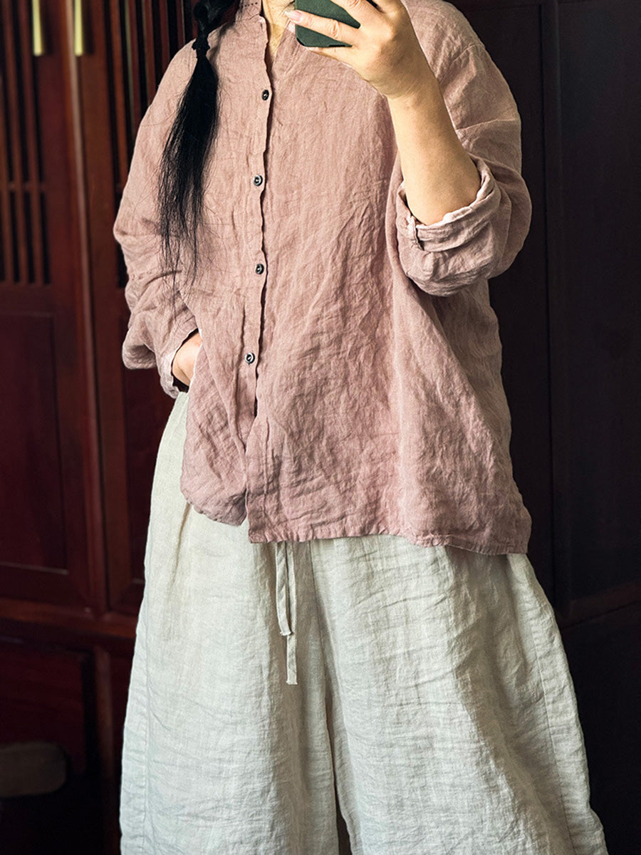 Women Autumn Vintage Button-up Solid Linen Shirt AI1043