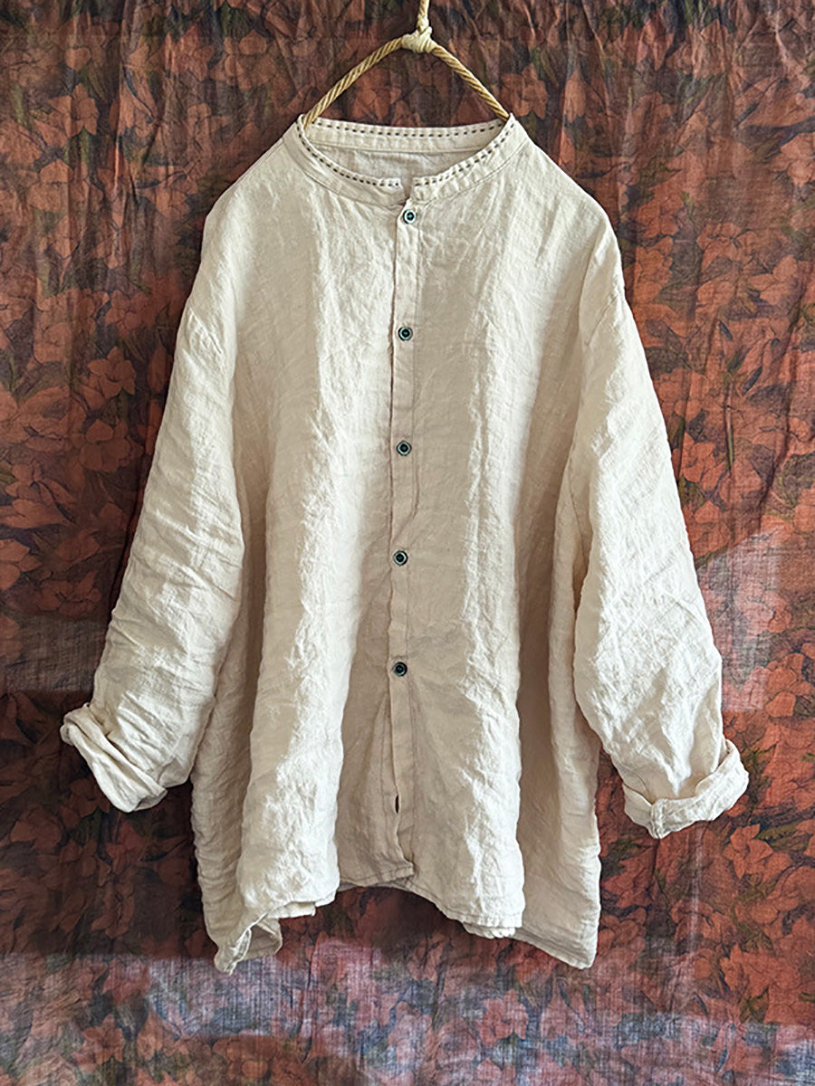 Women Autumn Vintage Button-up Solid Linen Shirt AI1043