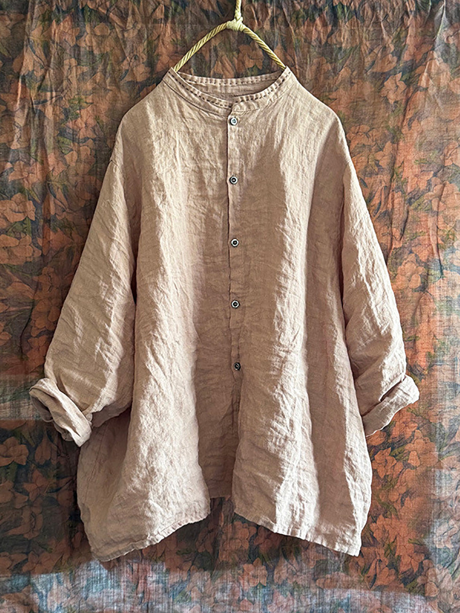 Women Autumn Vintage Button-up Solid Linen Shirt AI1043