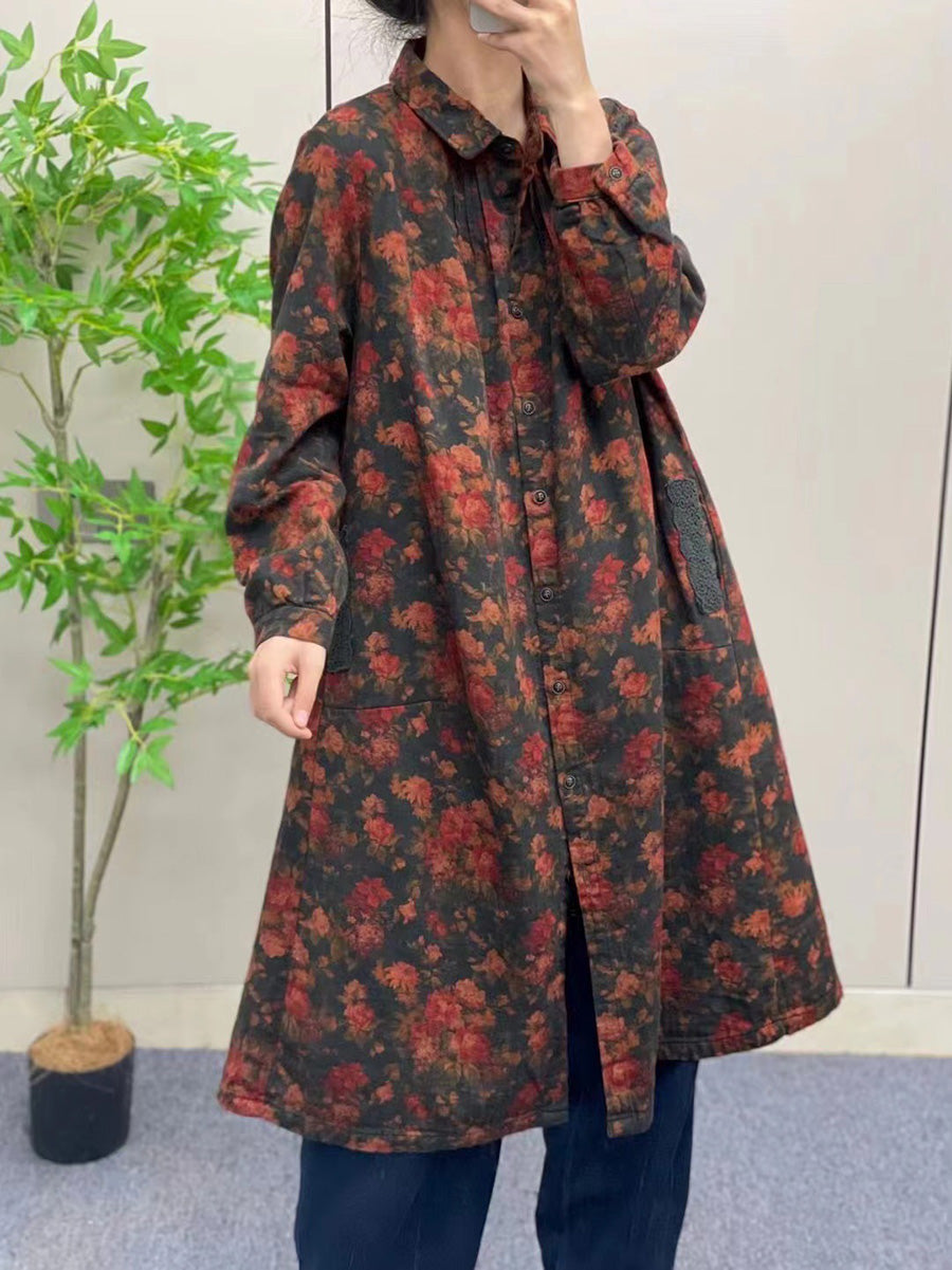 Women Autumn Vintage Flower Button-up Cotton Linen Long Shirt AI1041