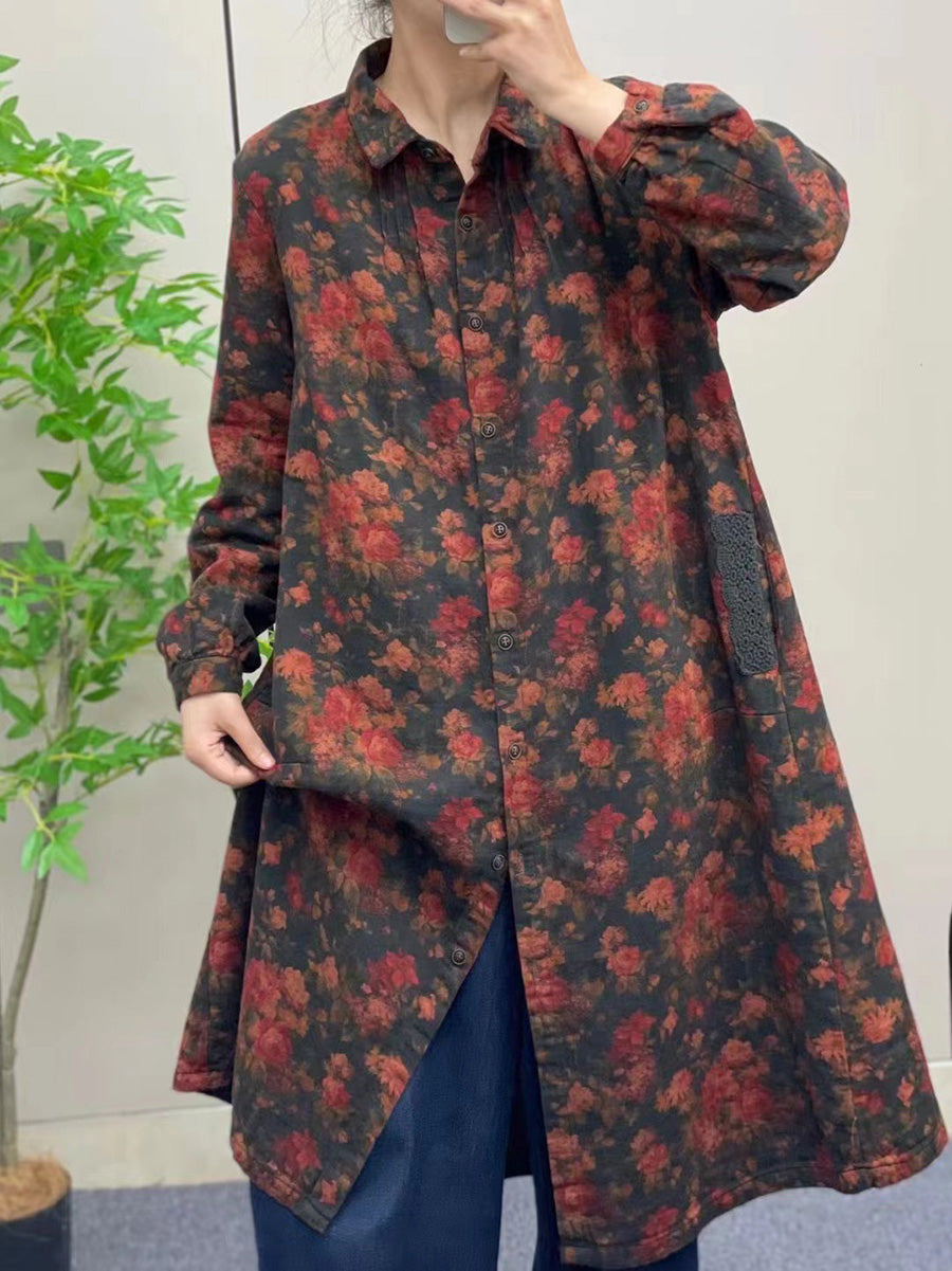 Women Autumn Vintage Flower Button-up Cotton Linen Long Shirt AI1041