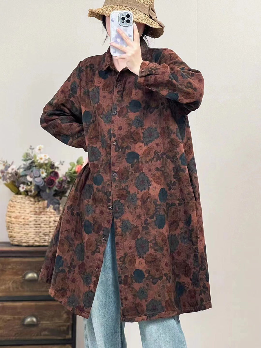 Women Autumn Vintage Flower Button-up Cotton Linen Long Shirt AI1041