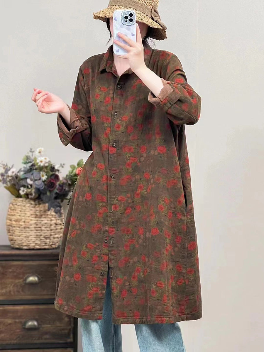 Women Autumn Vintage Flower Button-up Cotton Linen Long Shirt AI1041