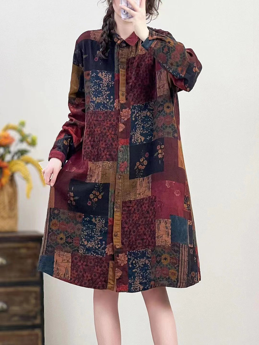 Women Autumn Vintage Flower Button-up Cotton Linen Long Shirt AI1041