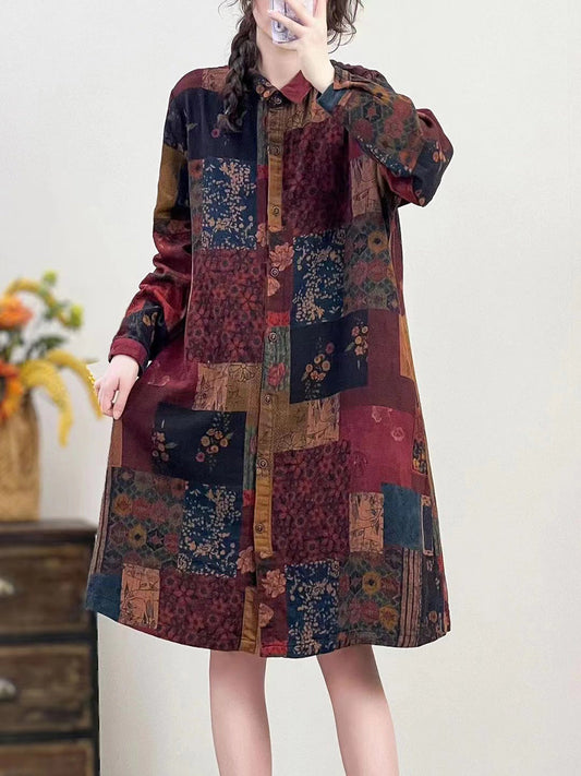 Women Autumn Vintage Flower Button-up Cotton Linen Long Shirt AI1041