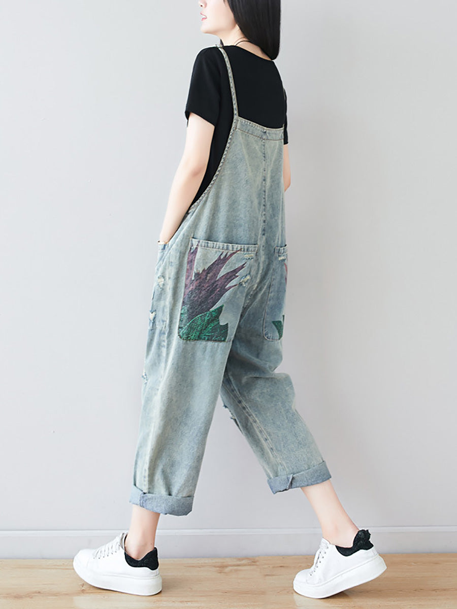 Damen Artsy Flower Ausgefranster Denim-Overall mit Taschen AI1080 