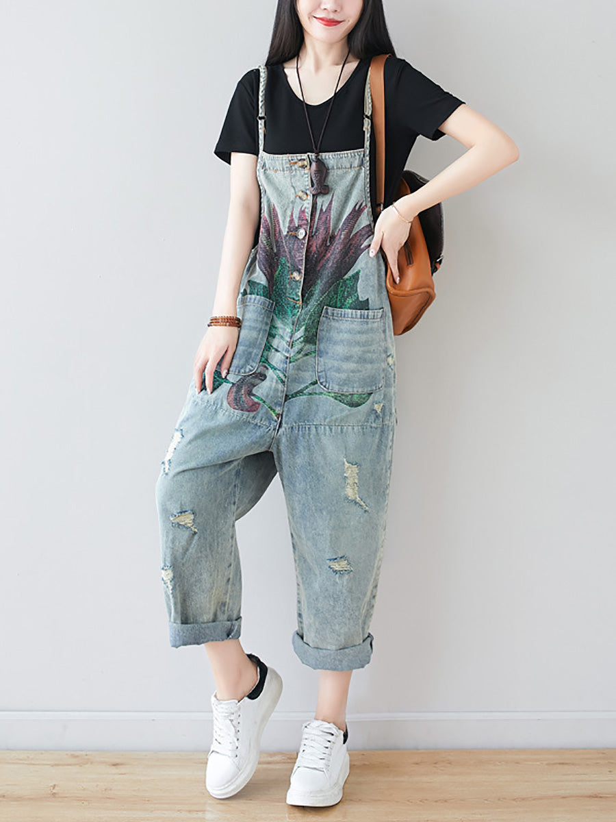 Damen Artsy Flower Ausgefranster Denim-Overall mit Taschen AI1080 