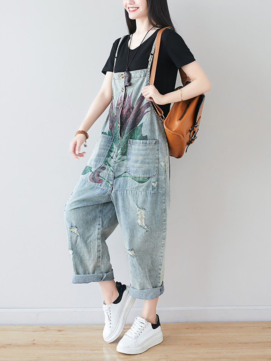 Damen Artsy Flower Ausgefranster Denim-Overall mit Taschen AI1080 