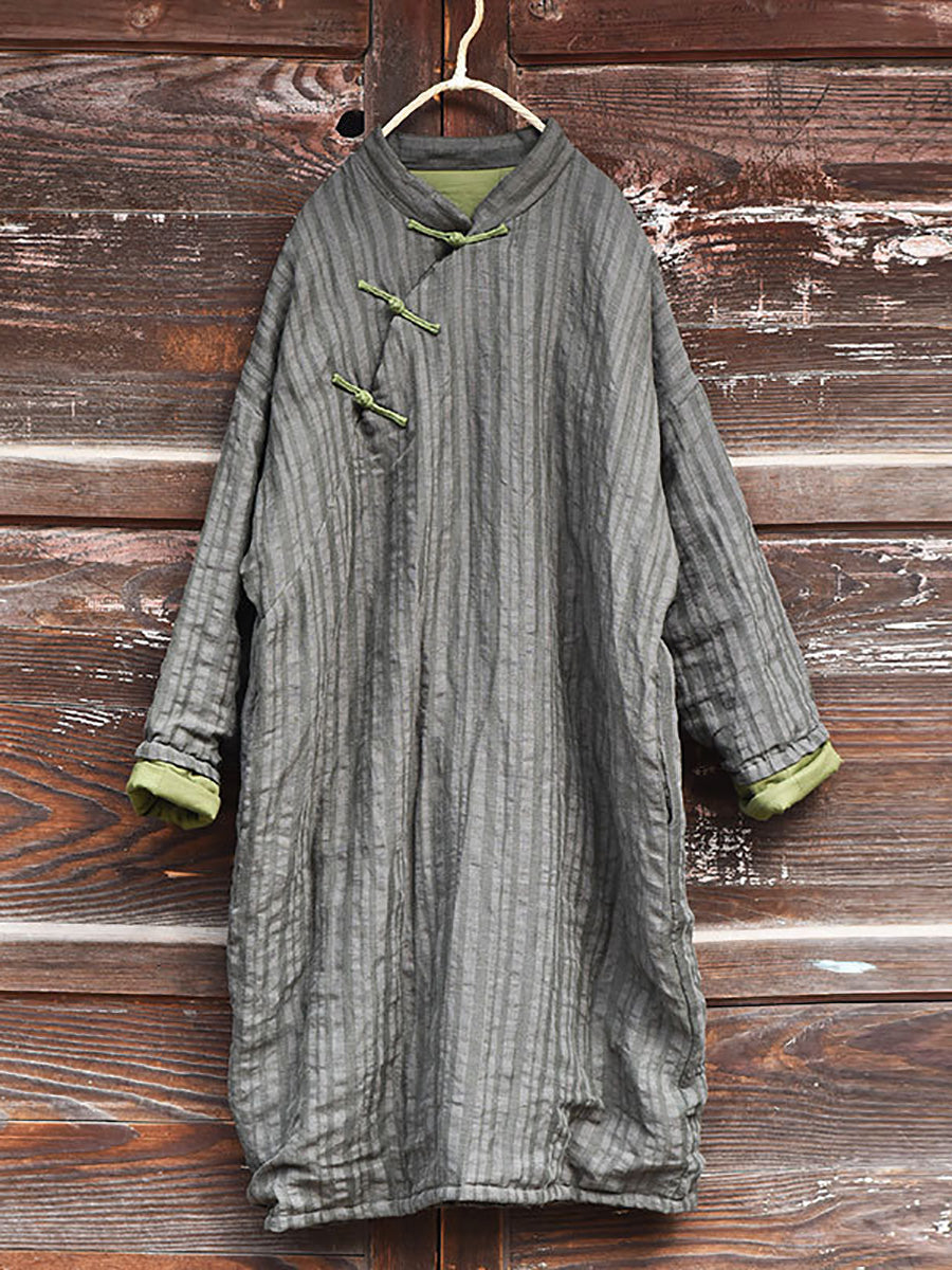 Women Vintage Stripe Warm Button 100%Linen Robe Coat AI1002