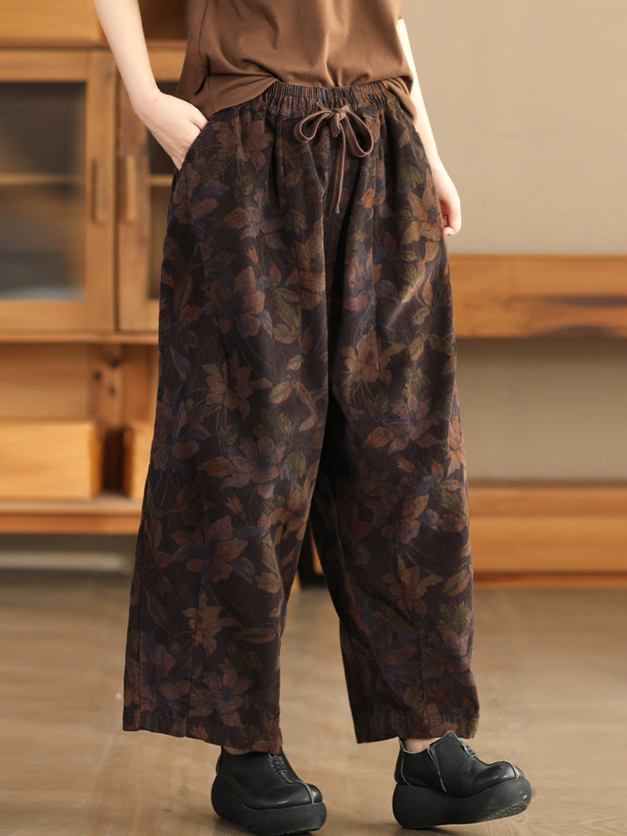 Women Autumn Vintage Flower Strap Corduroy Harem Pants AI1036