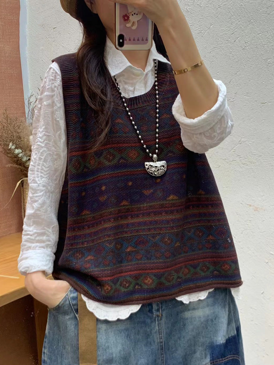 Women Autumn Artsy Colorblock Knit O-Neck Vest AH1032