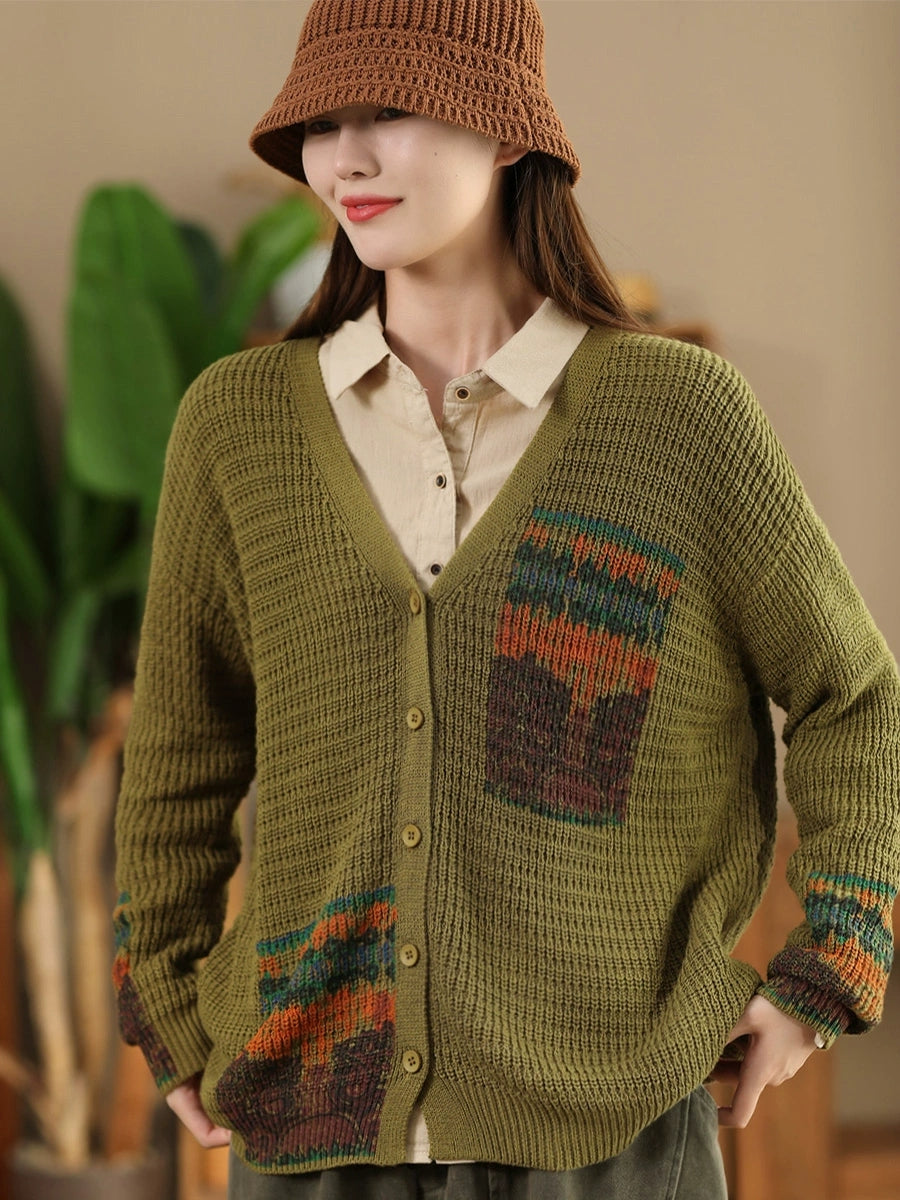 Women Vintage Artsy Print Knit V-Neck Cardigan Sweater AH1012