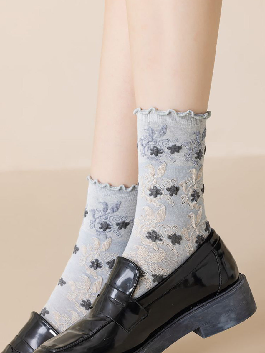 3 Pairs Women Autumn Flower Jacquard Colorblock Socks AH1023