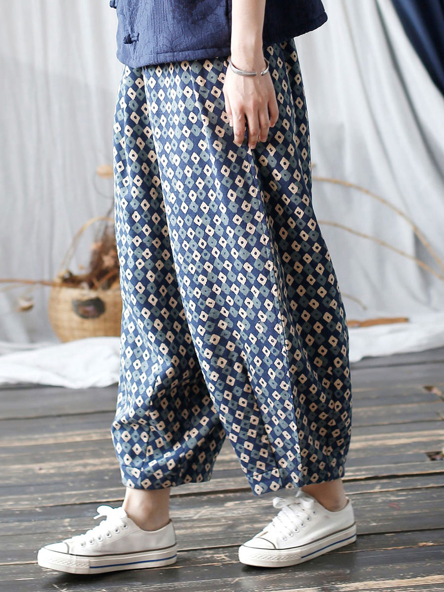 Women Autumn Artsy Lattice Cotton Harem Pants