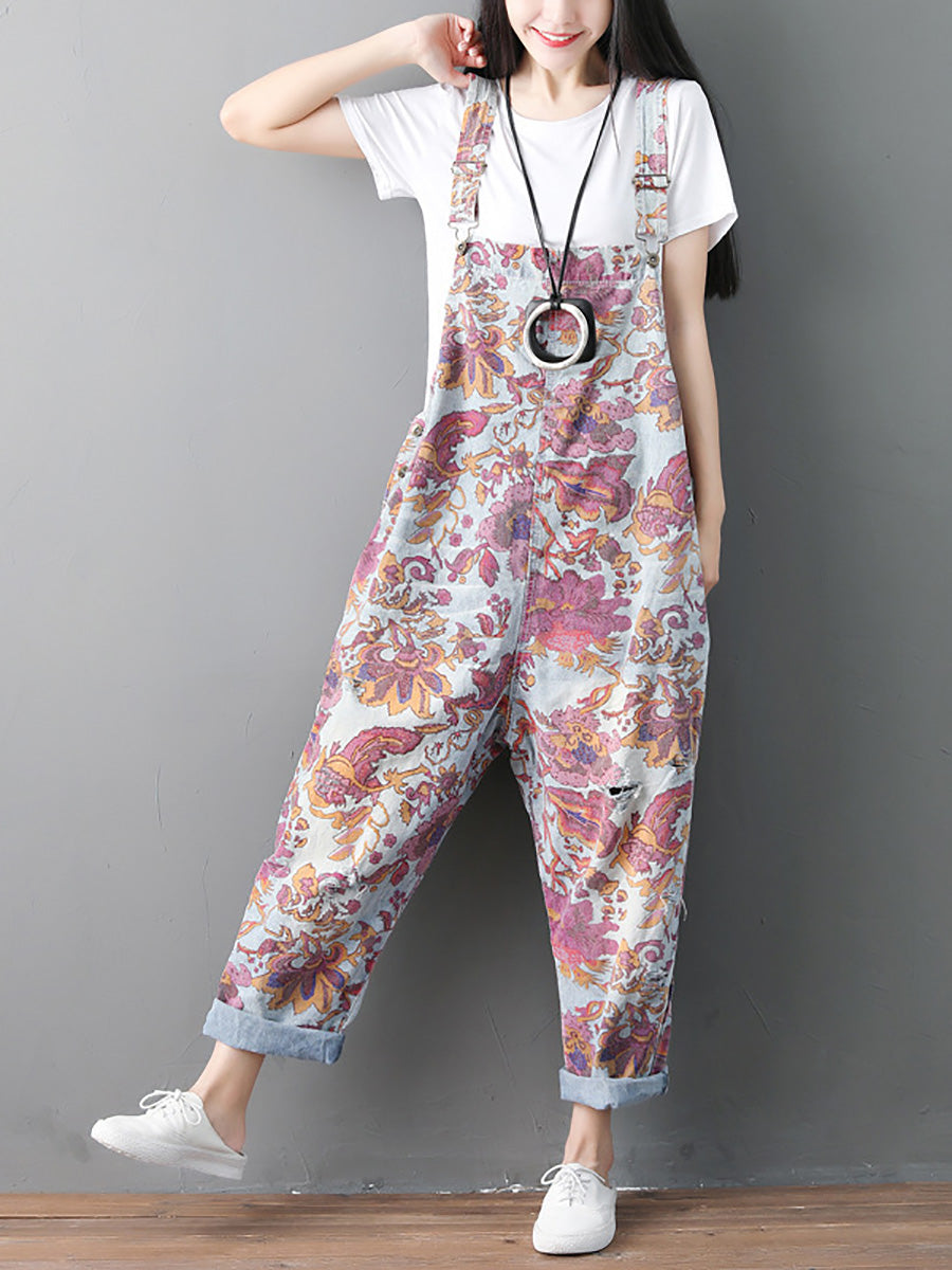 Women Autumn Flower Denim Loose Jumpsuits AH1049