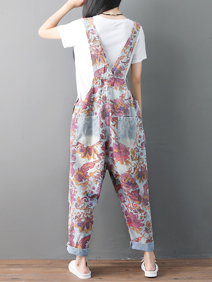 Women Autumn Flower Denim Loose Jumpsuits AH1049