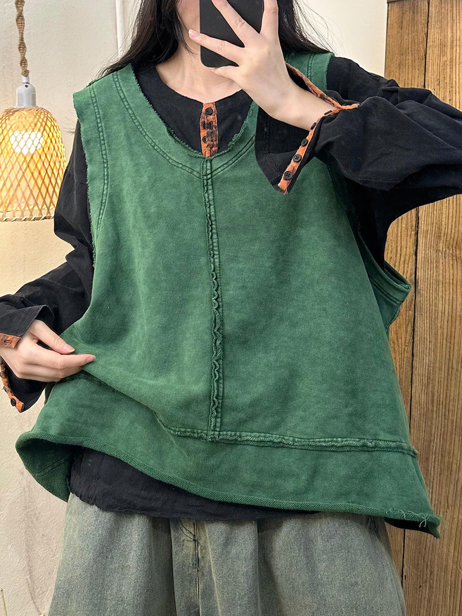 Women Autumn Artsy Raw-edge Spliced O-Neck Vest AH1037