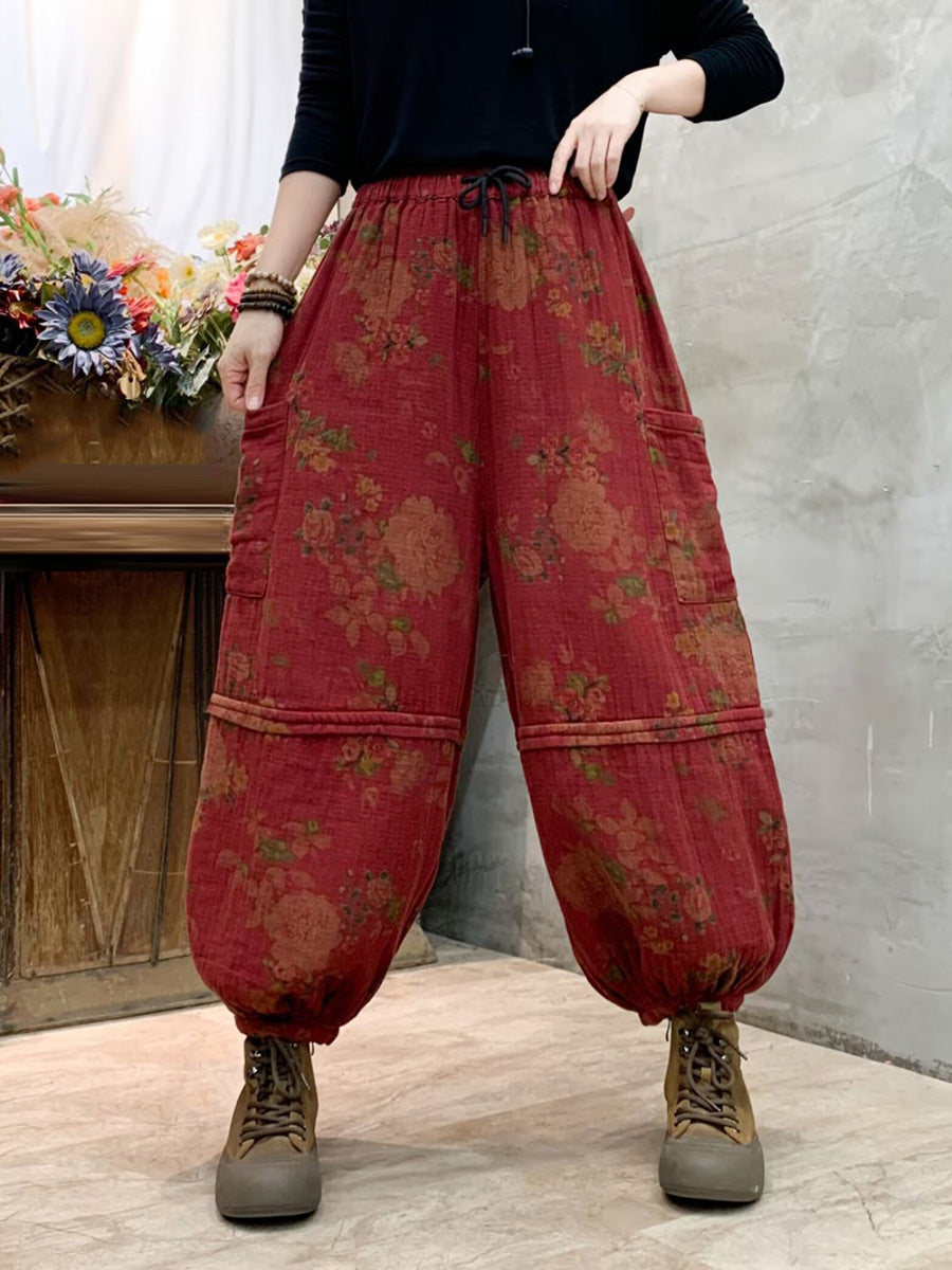 Women Autumn Vintage Flower Spliced Cotton Harem Pants AH1004