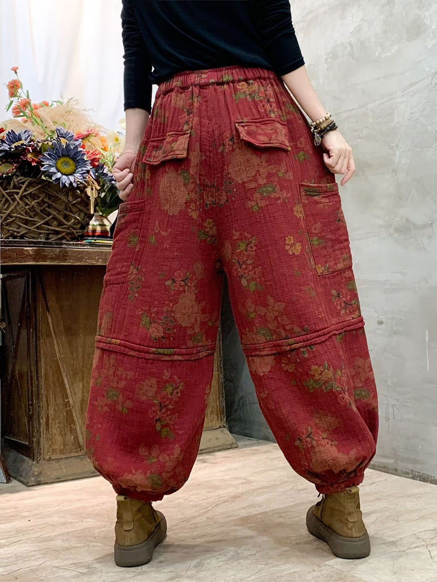 Women Autumn Vintage Flower Spliced Cotton Harem Pants AH1004