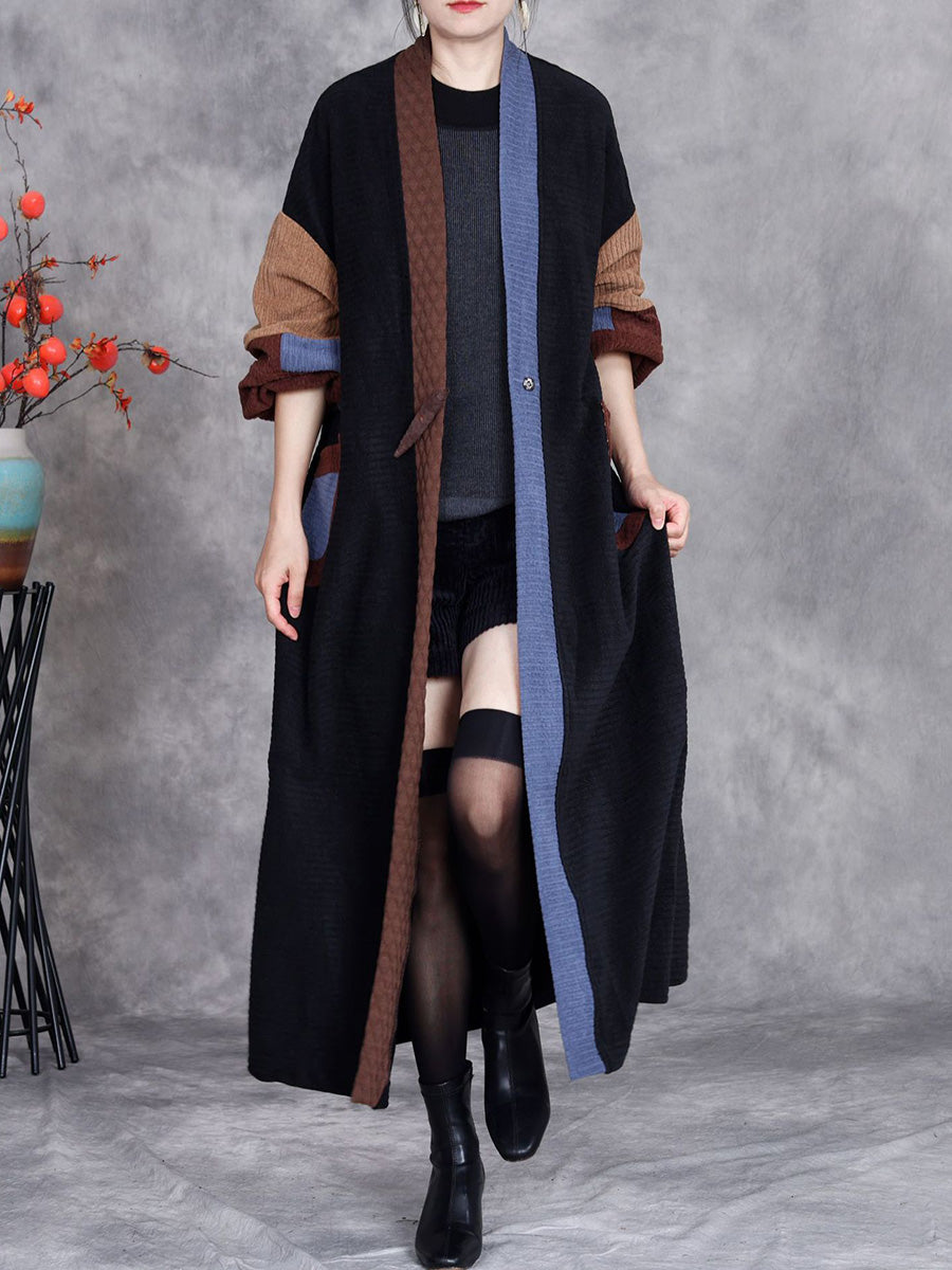 Women Winter Artsy Colorblock Cardigan Long Coat