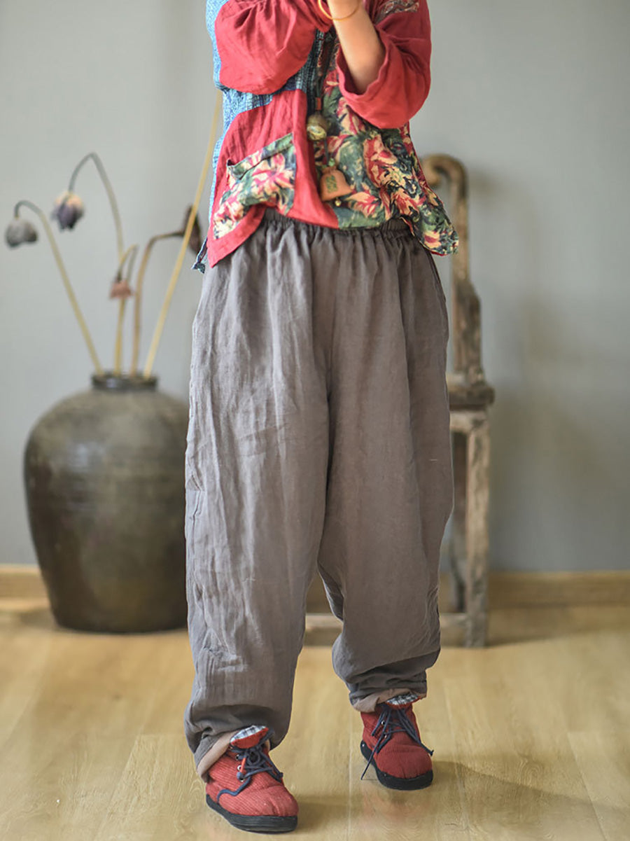 Women Autumn Rero Solid Linen Padded Harem Pants AH1053