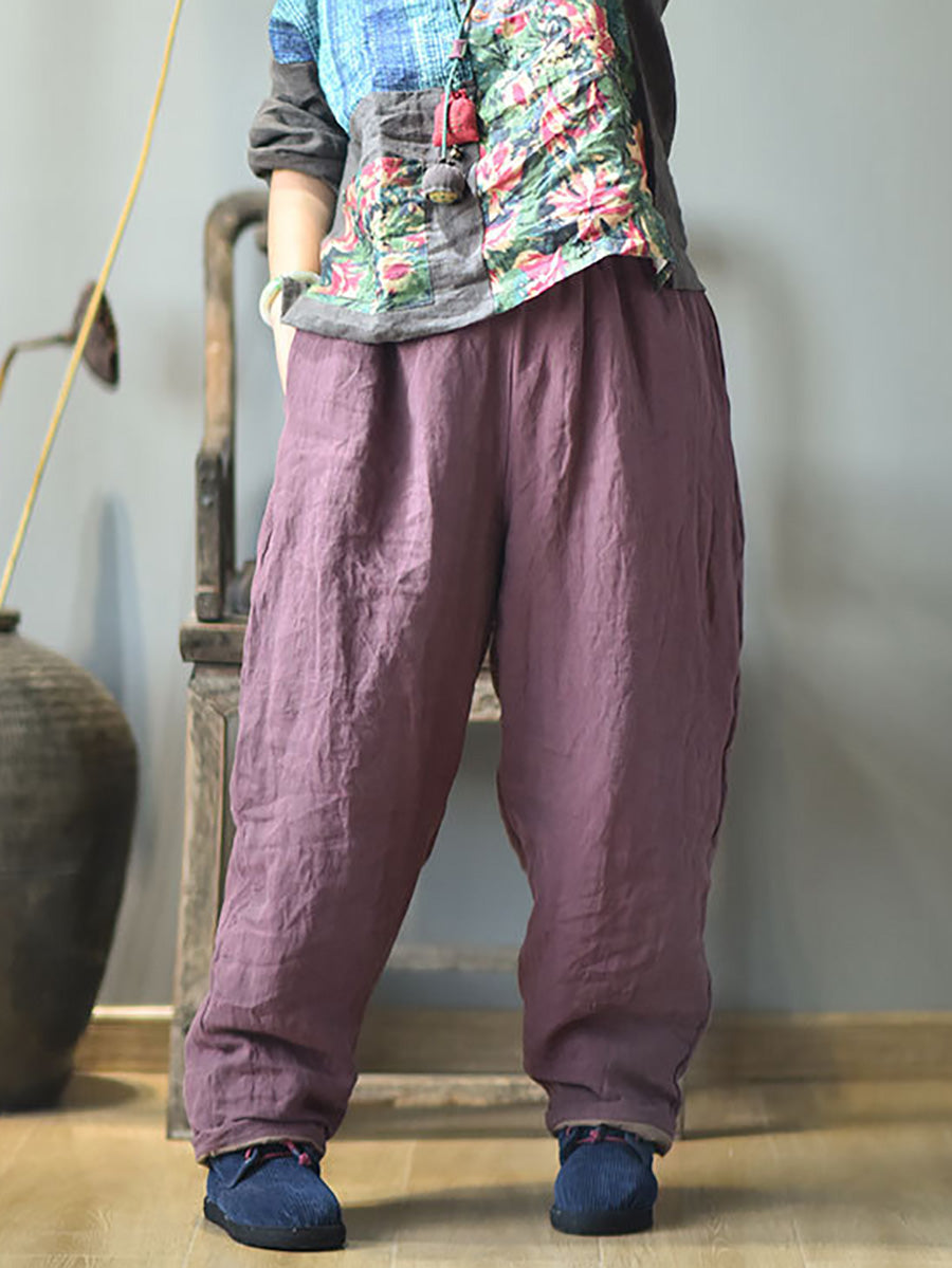 Women Autumn Rero Solid Linen Padded Harem Pants AH1053