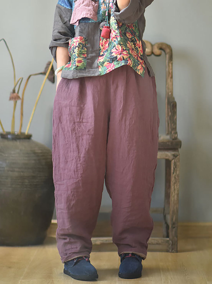 Women Autumn Rero Solid Linen Padded Harem Pants AH1053