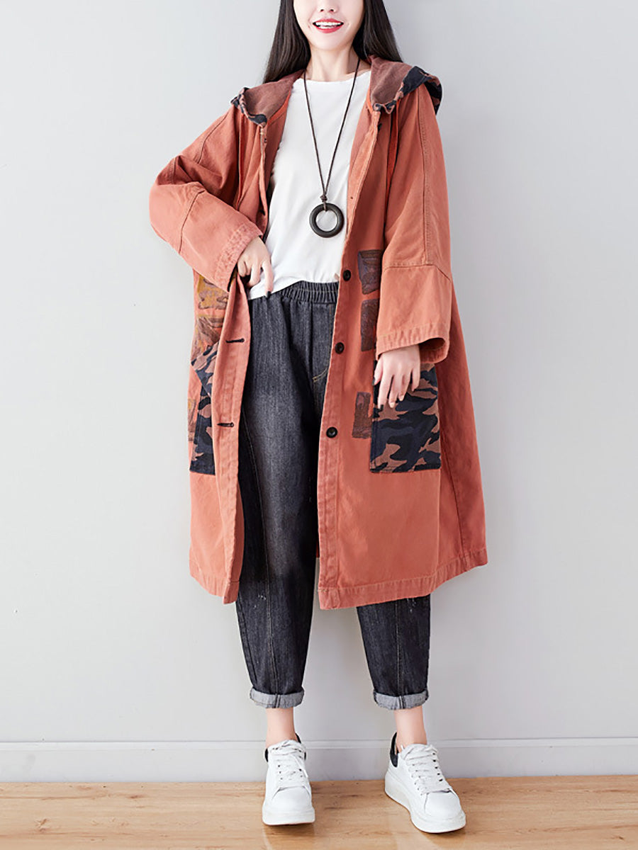 Women Autumn Artsy Colorblock Cotton Hooded Coat AH1030