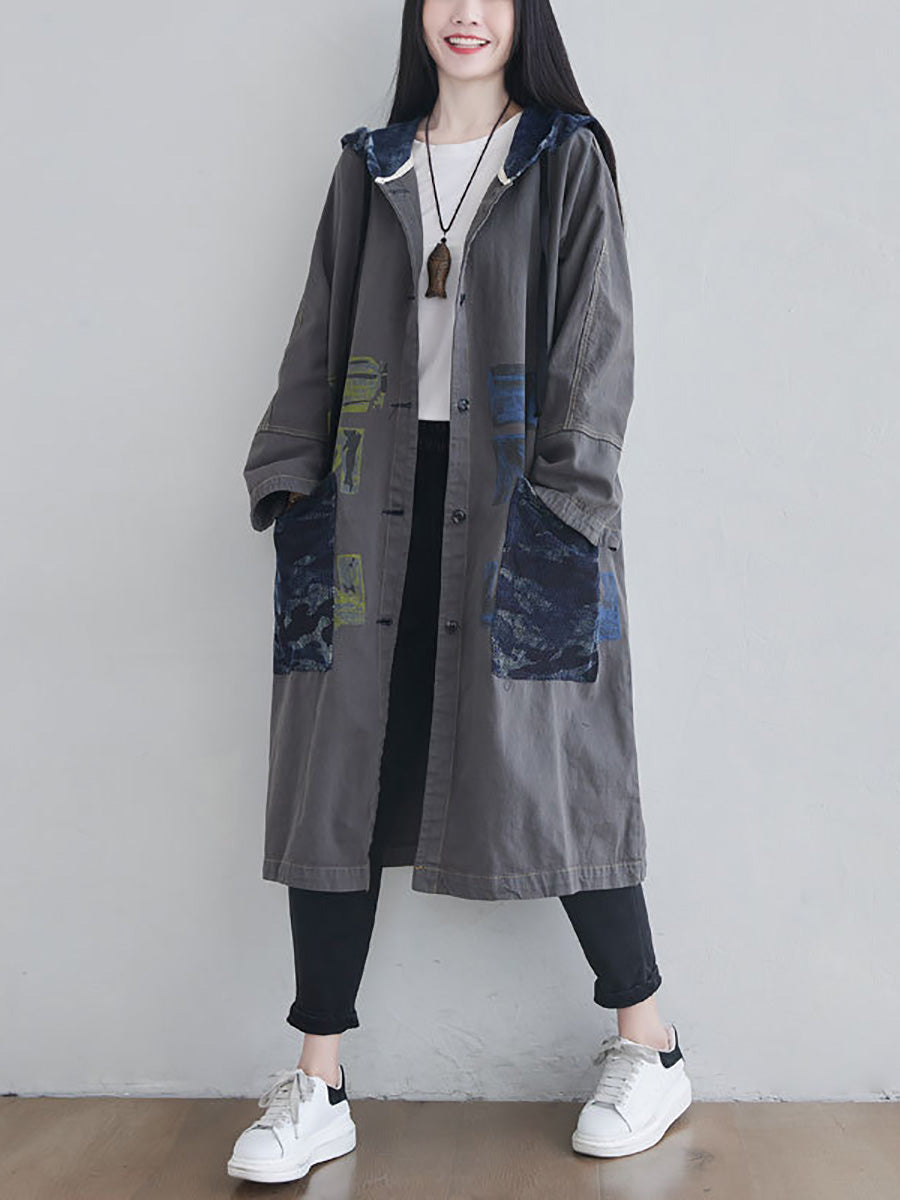 Women Autumn Artsy Colorblock Cotton Hooded Coat AH1030