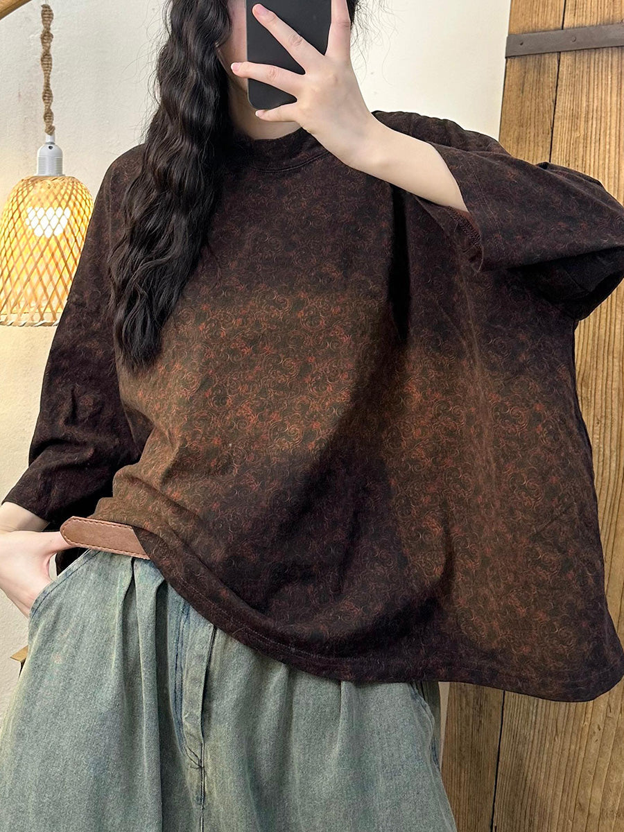 Women Autumn Vintage Flower Half-Turtleneck Cotton Shirt AH1002