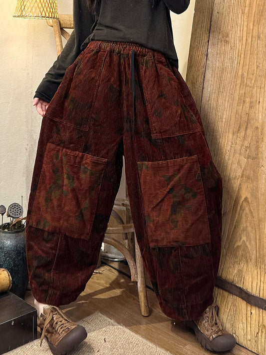 Women Autumn Vintage Flower Spliced Corduroy Harem Pants