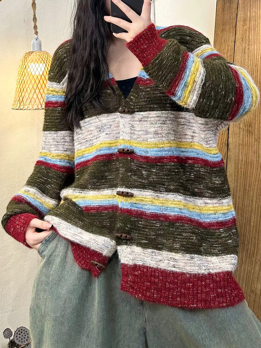 Women Artsy Autumn Stripe Cardigan Sweater Coat AH1027