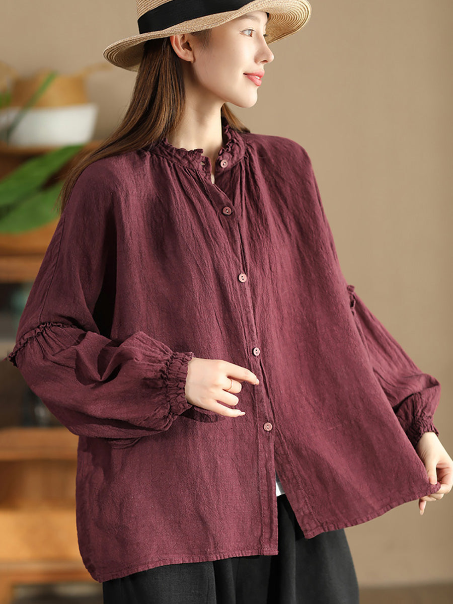 Women Autumn Vintage Solid Stand Collar Button Blouse AH1007