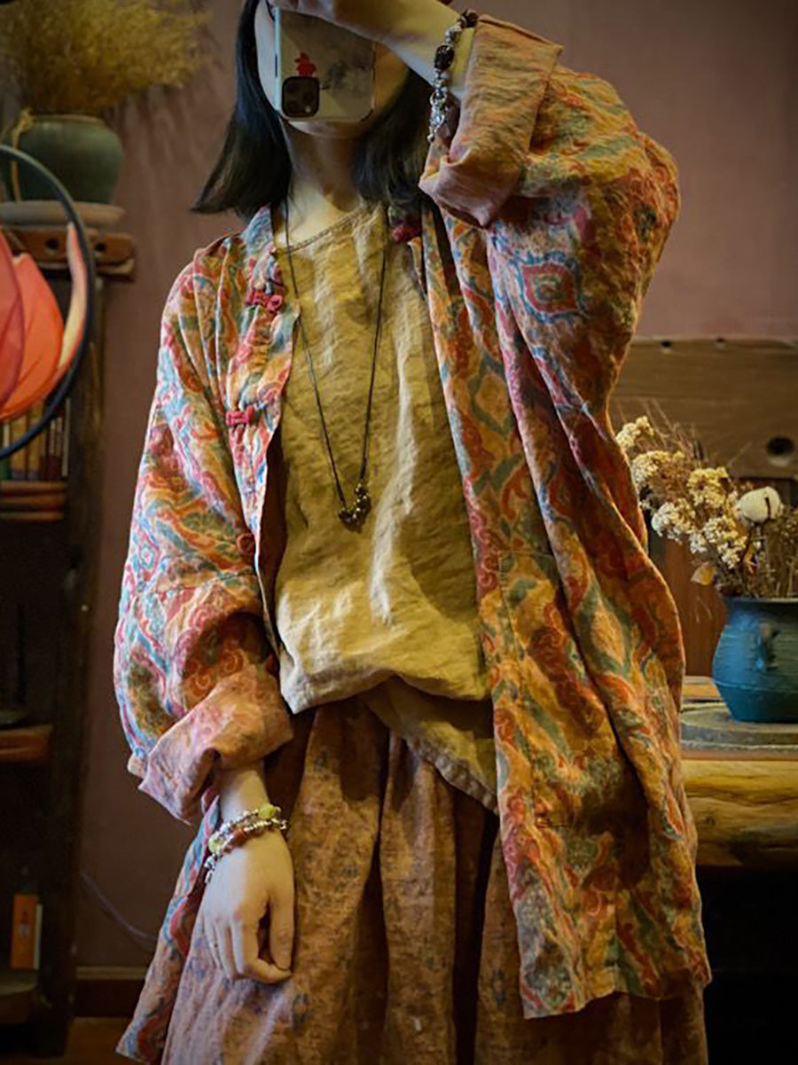 Women Vintage Autumn Print 100%Linen Button-up Coat