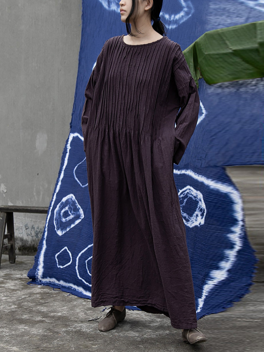 Women Autumn Vintage Shirred Cotton O-Neck Dress