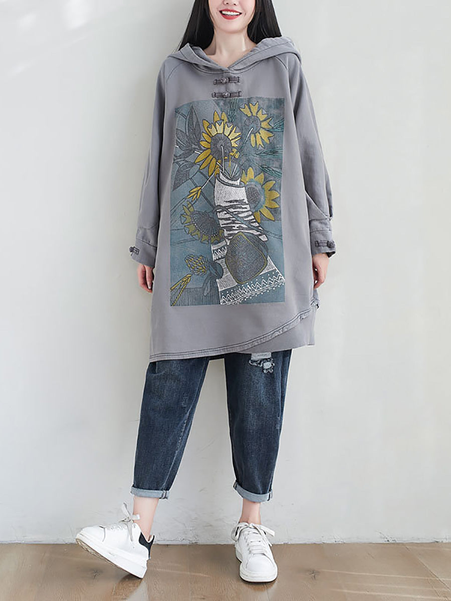 Women Artsy Autumn Sunflower Spliced Hooded Cotton Dress