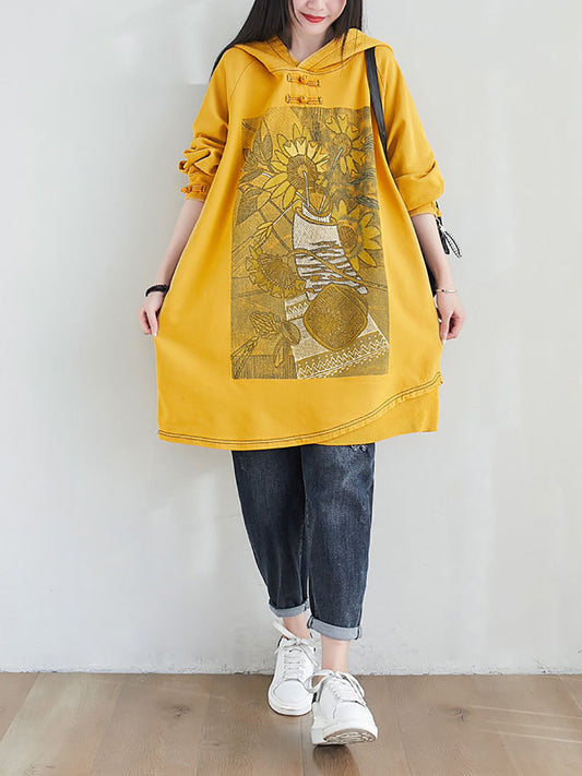 Women Artsy Autumn Sunflower Spliced Hooded Cotton Dress