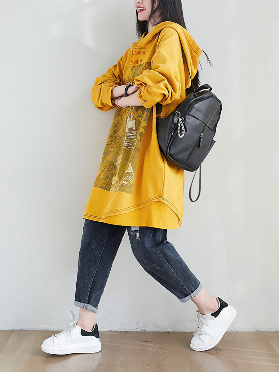 Women Artsy Autumn Sunflower Spliced Hooded Cotton Dress