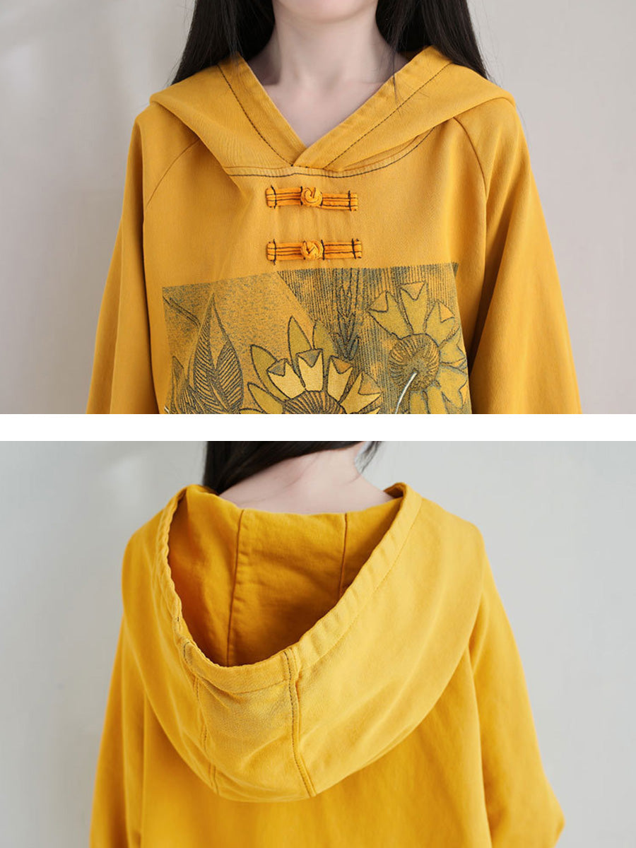 Women Artsy Autumn Sunflower Spliced Hooded Cotton Dress