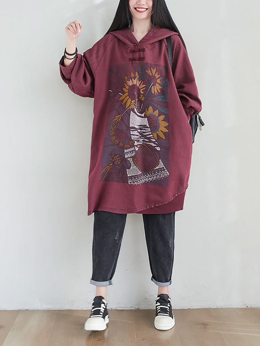 Women Artsy Autumn Sunflower Spliced Hooded Cotton Dress