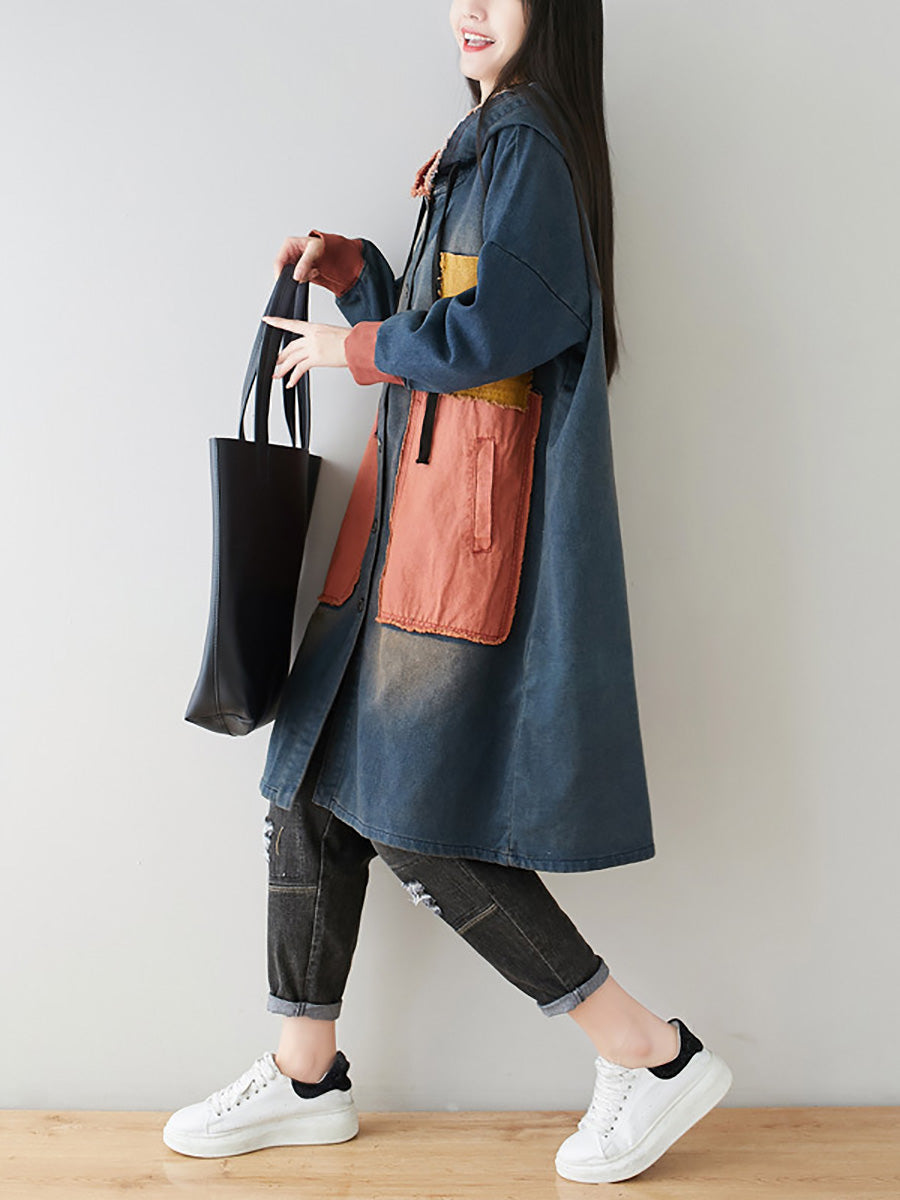 Women Autumn Artsy Colorblock Denim Hooded Coat AH1031